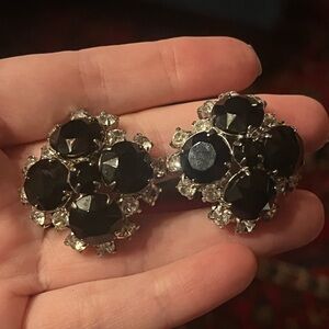 Vintage Large Silver Tone Black Rhinestone Cluster Clip Earrings